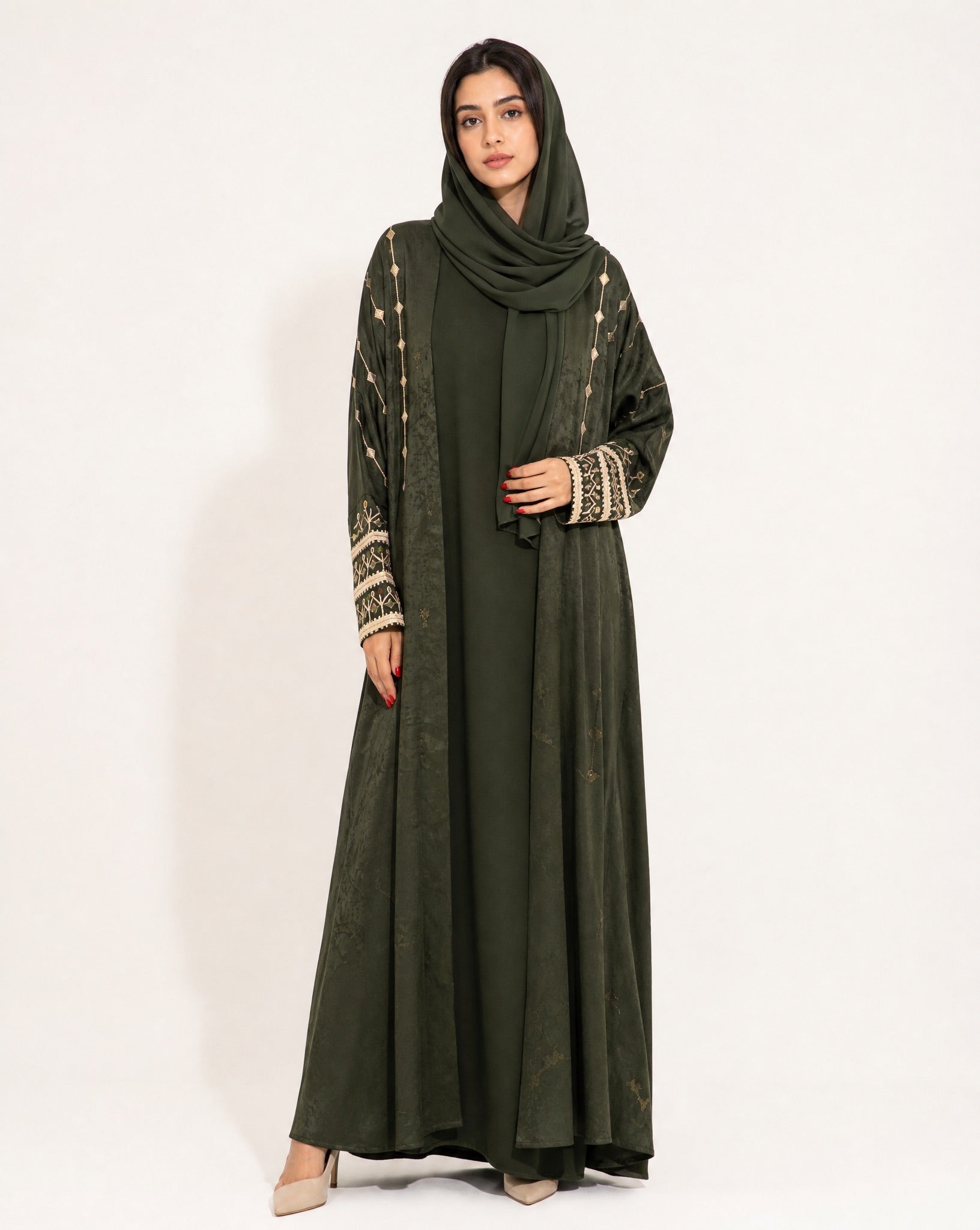 340096-DG - Dark Green Washed Silk Abaya - PEARL COLLECTION - MIRA Y MANO