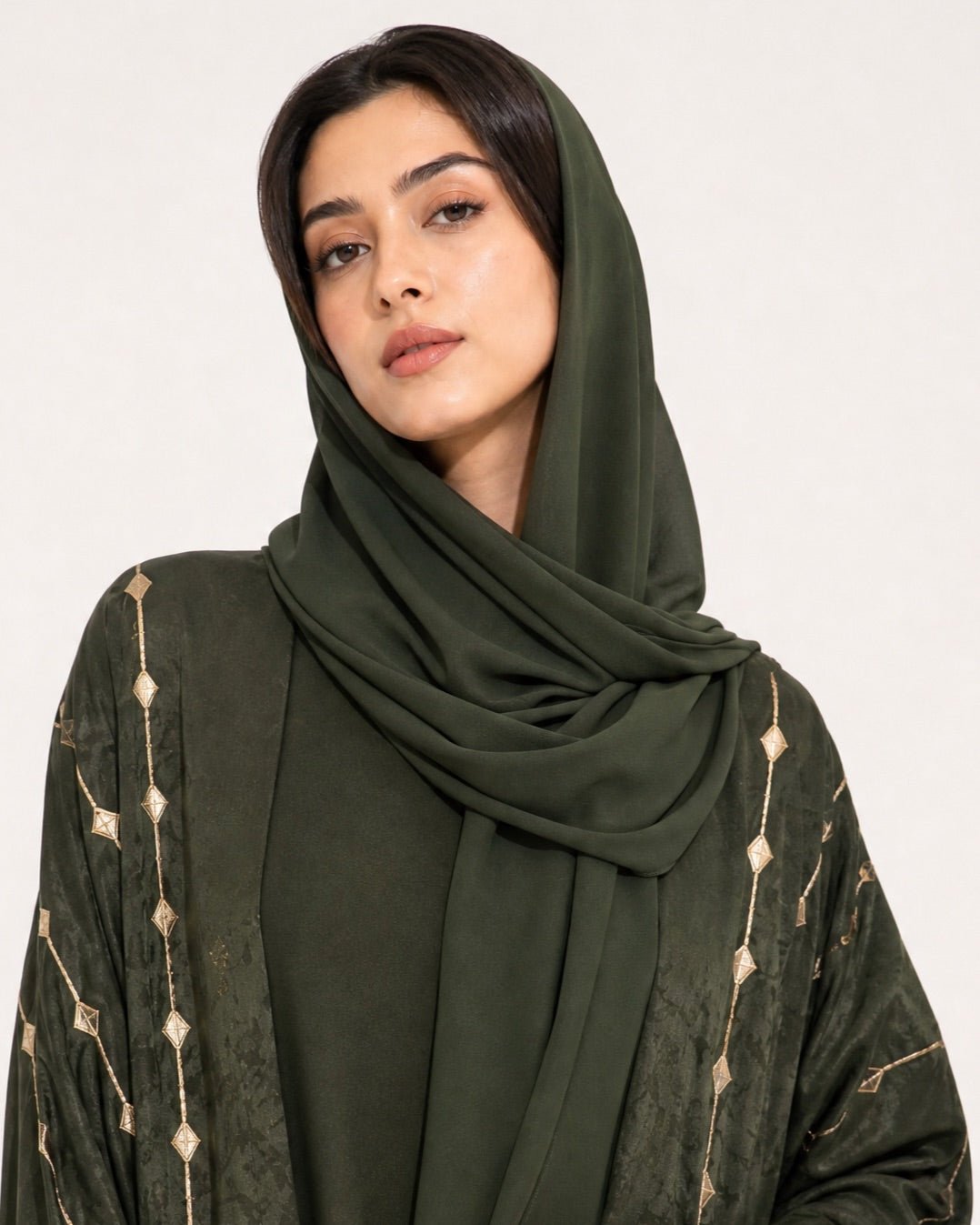 340096-DG - Dark Green Washed Silk Abaya - PEARL COLLECTION - MIRA Y MANO