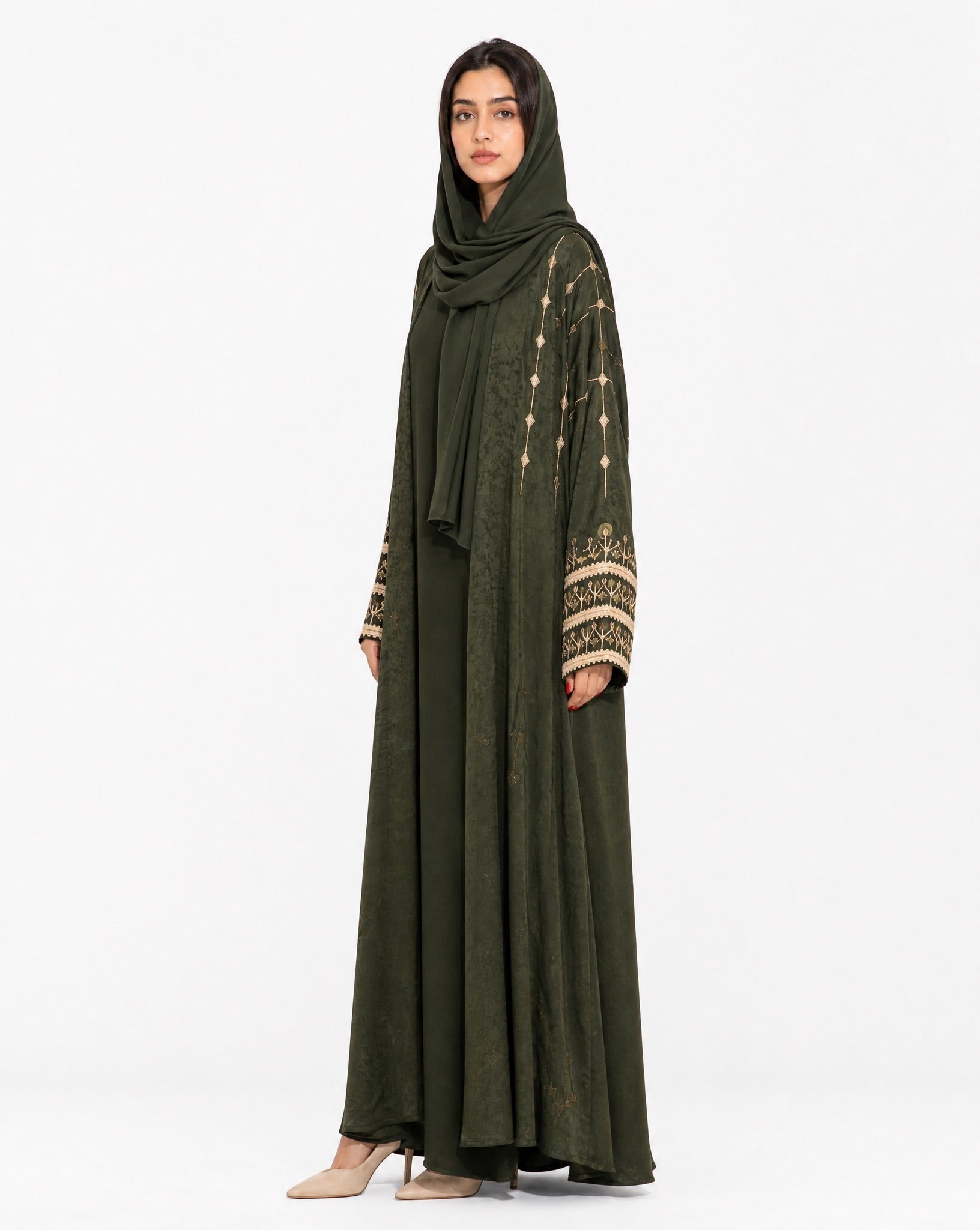 340096-DG - Dark Green Washed Silk Abaya - PEARL COLLECTION - MIRA Y MANO
