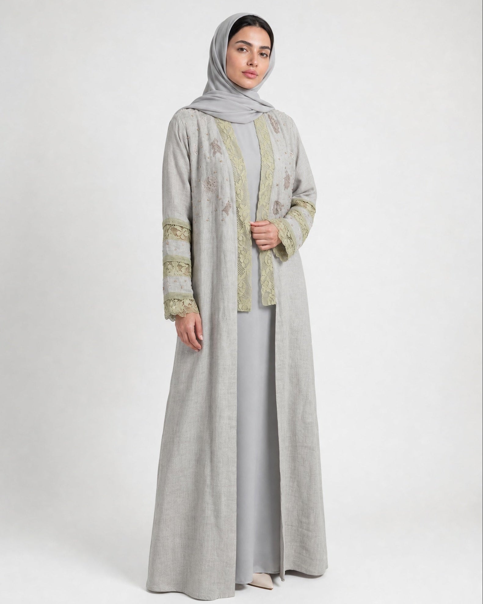 3401008 – Beige Linen Abaya - PEARL COLLECTION - MIRA Y MANO