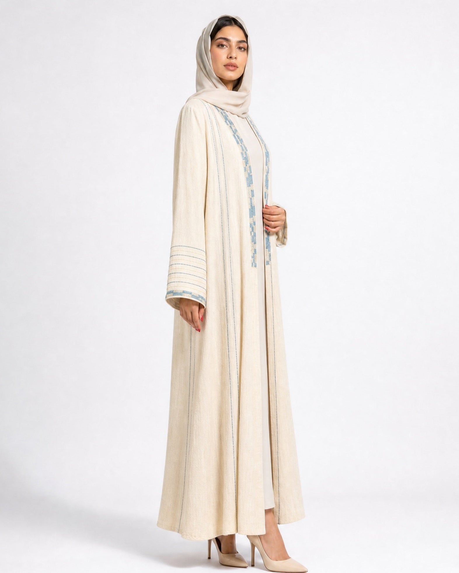 340103-B - Beige Linen Abaya - PEARL COLLECTION - MIRA Y MANO