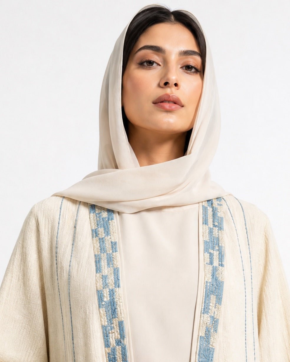 340103-B - Beige Linen Abaya - PEARL COLLECTION - MIRA Y MANO