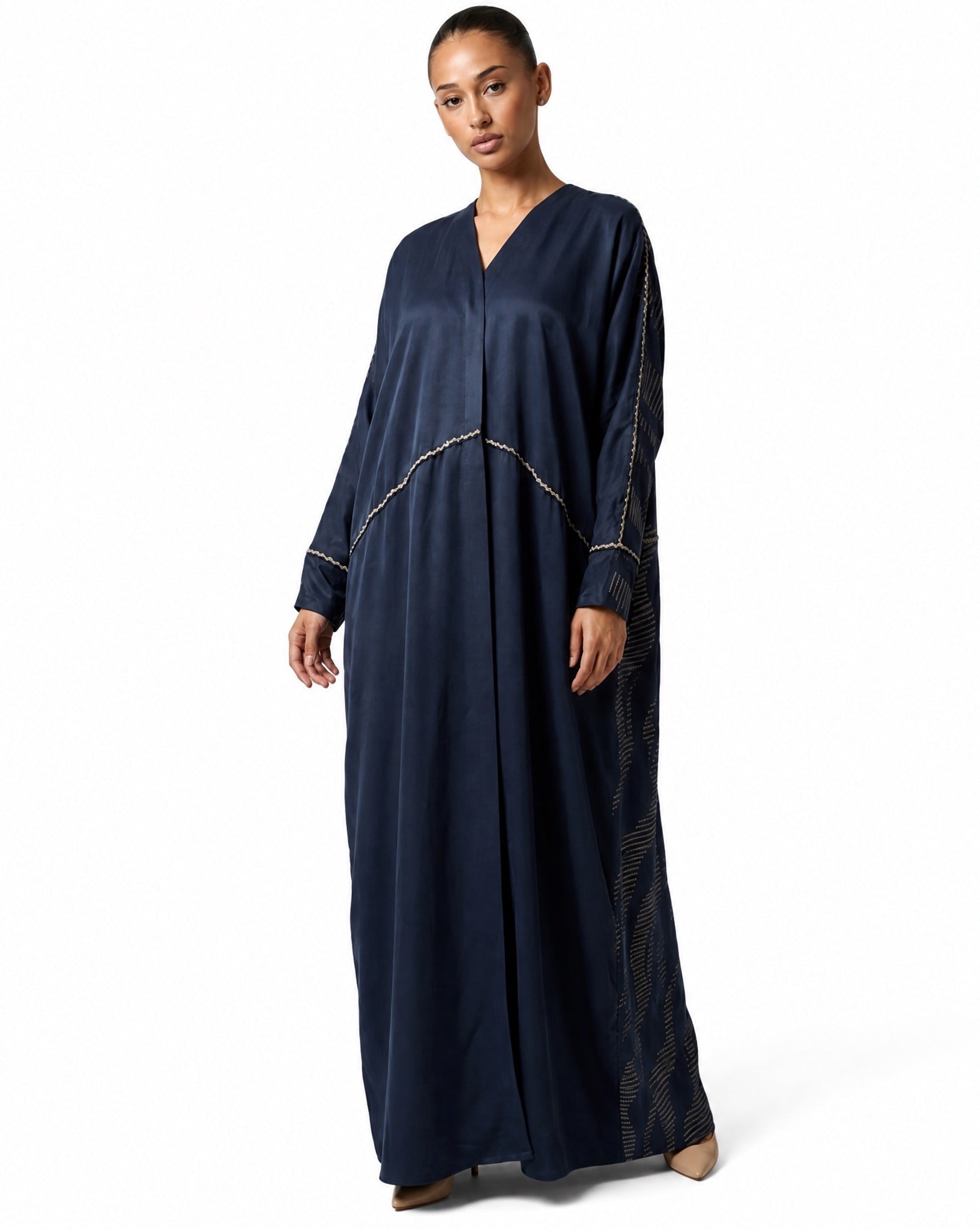 340129-NV - Navy Washed Silk Abaya - PEARL COLLECTION - MIRA Y MANO
