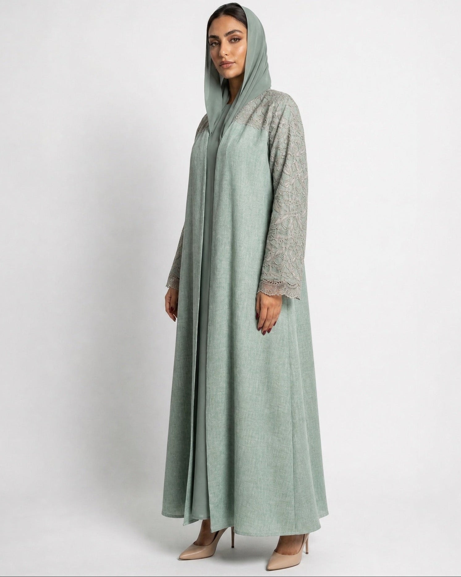 340132-A – Dark Sea Green Linen Abaya - PEARL COLLECTION - MIRA Y MANO