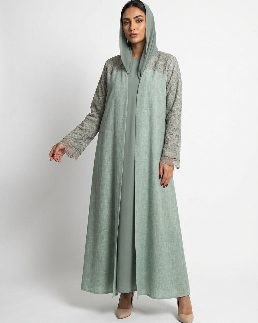 340132-A – Dark Sea Green Linen Abaya - PEARL COLLECTION - MIRA Y MANO