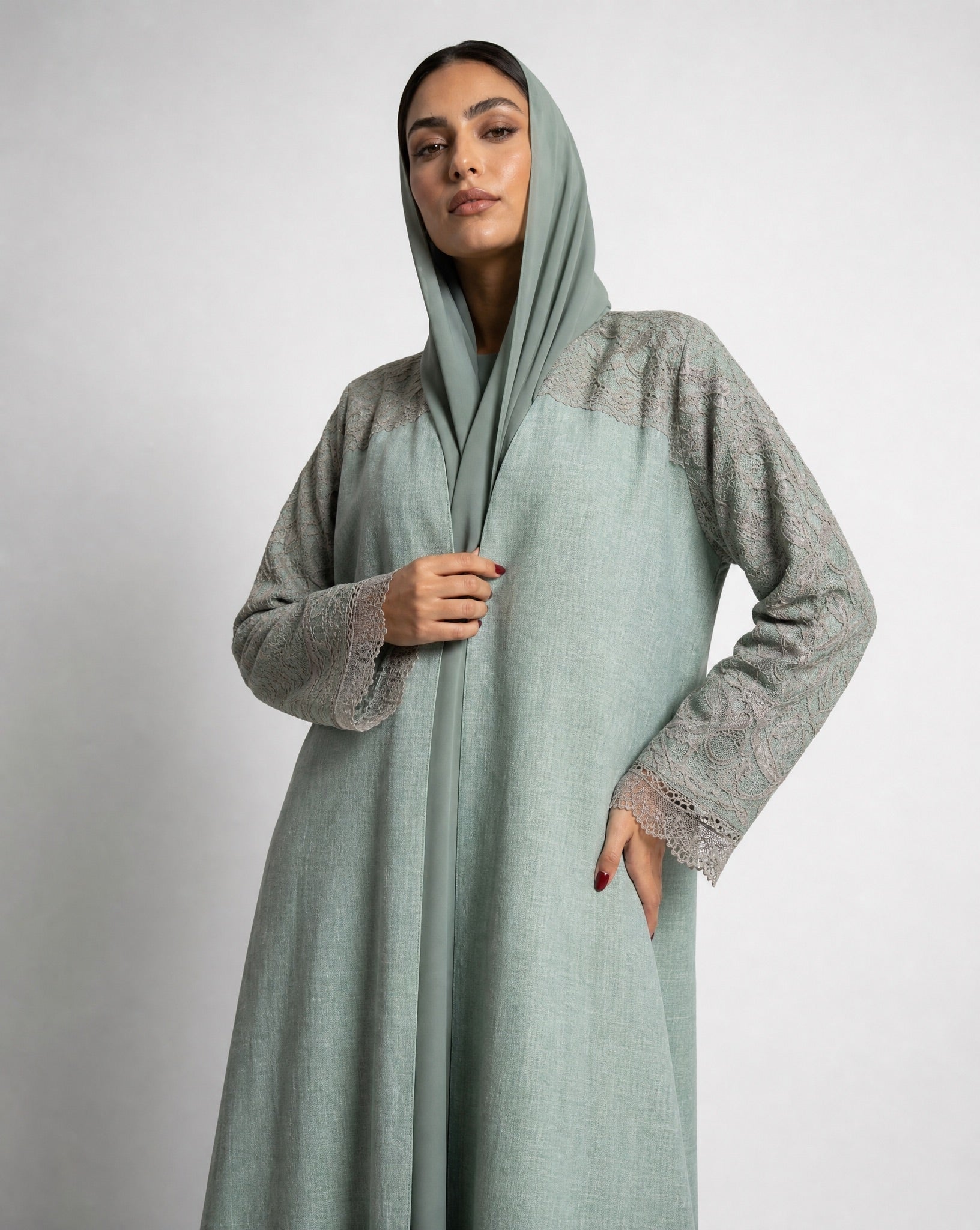 340132-A – Dark Sea Green Linen Abaya - PEARL COLLECTION - MIRA Y MANO