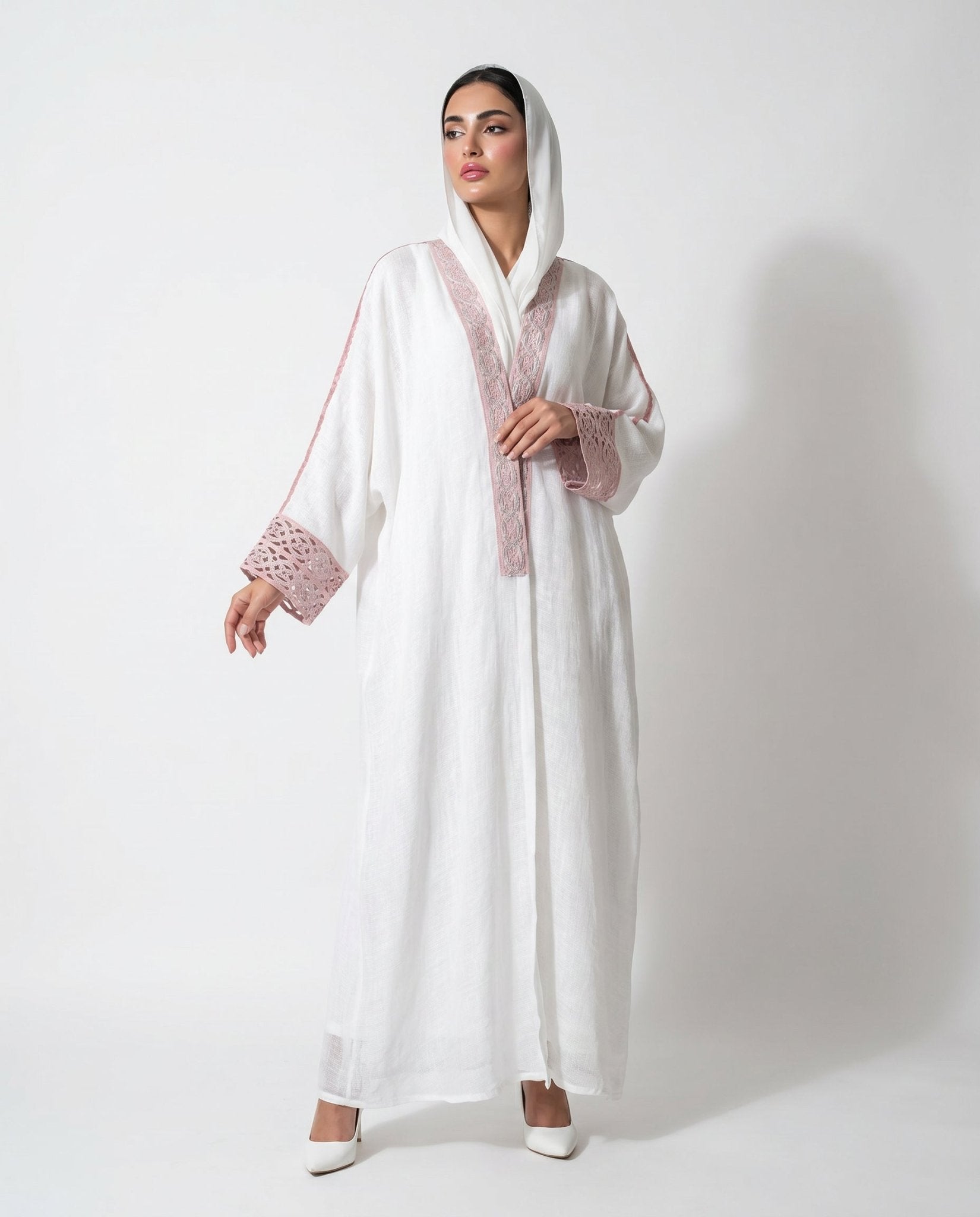 340133-IV - Ivory Linen Abaya - PEARL COLLECTION - MIRA Y MANO
