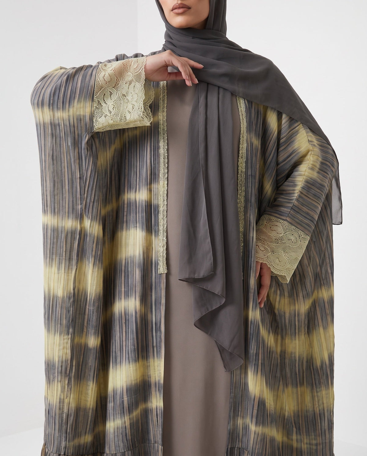 340136-GY – Grey Linen Abaya - PEARL COLLECTION - MIRA Y MANO
