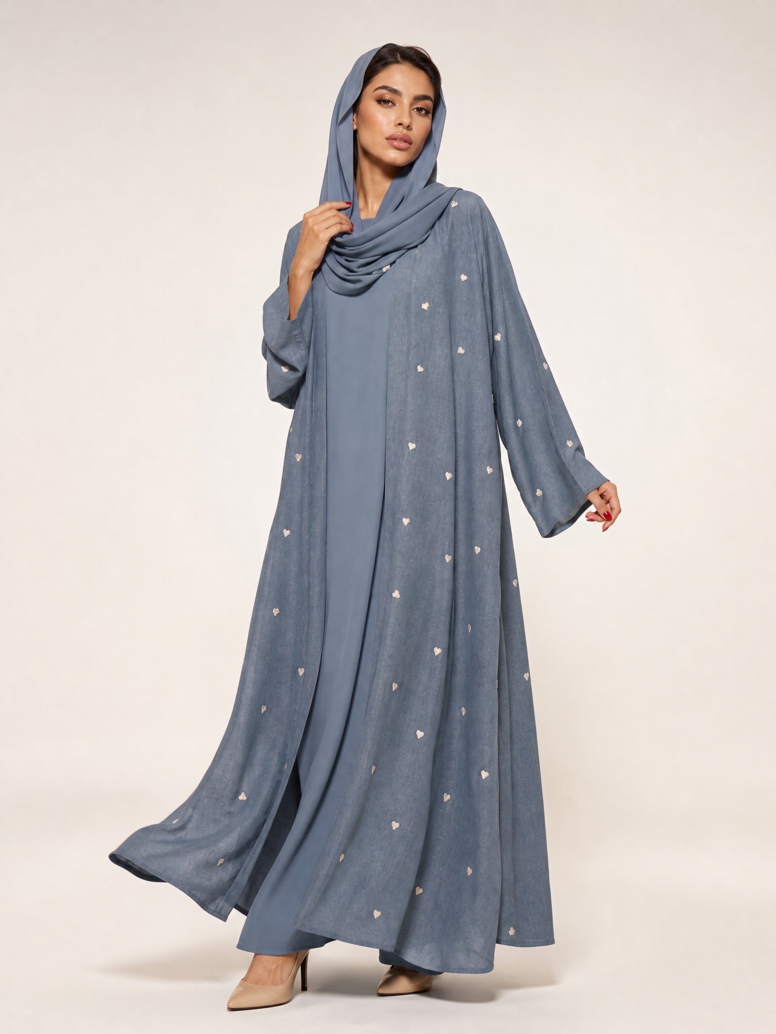 340150 - Steel Blue Cotton Abaya - PEARL COLLECTION - MIRA Y MANO