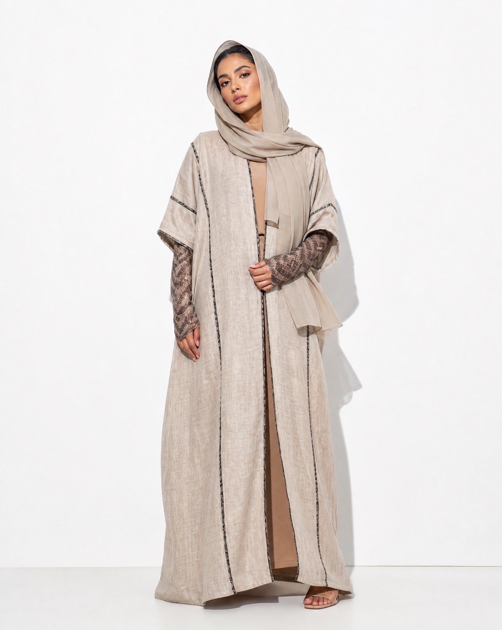 780032-BE - Beige Linen Abaya - PEARL COLLECTION - MIRA Y MANO