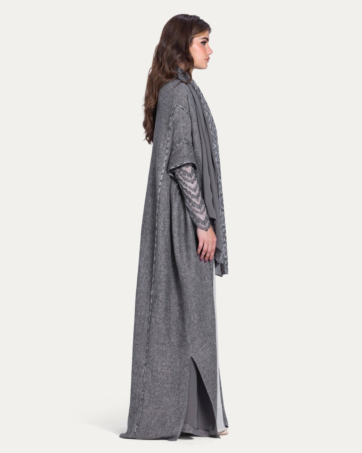 780032-GR - Gray Linen Abaya - PEARL COLLECTION - MIRA Y MANO