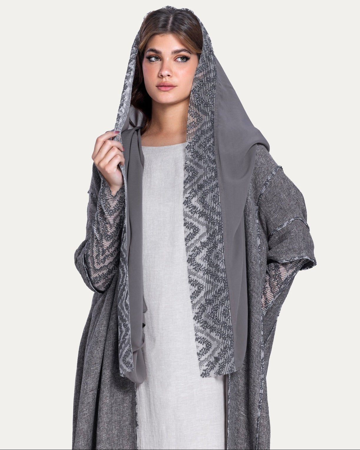 780032-GR - Gray Linen Abaya - PEARL COLLECTION - MIRA Y MANO