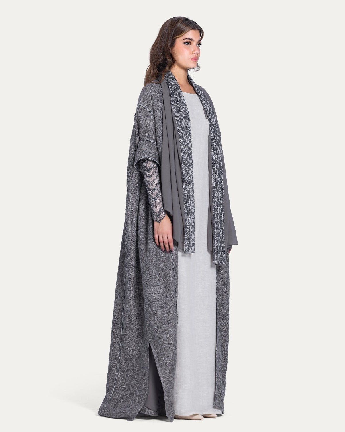 780032-GR - Gray Linen Abaya - PEARL COLLECTION - MIRA Y MANO