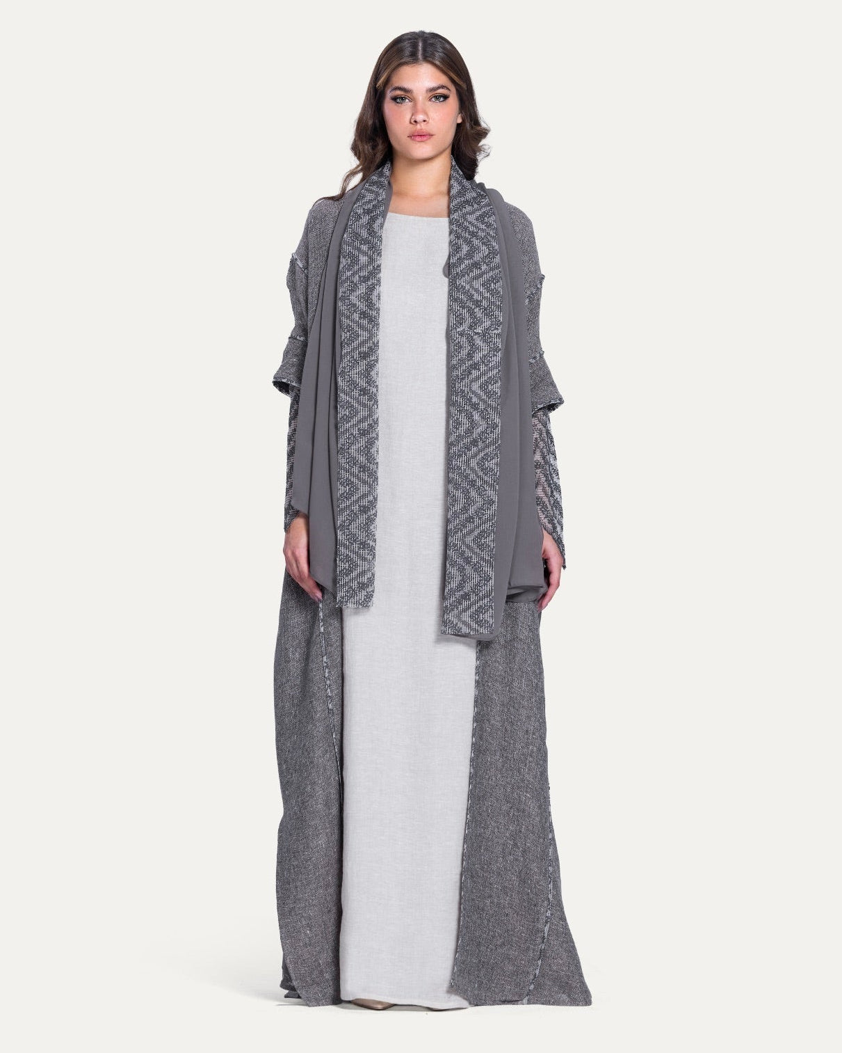 780032-GR - Gray Linen Abaya - PEARL COLLECTION - MIRA Y MANO