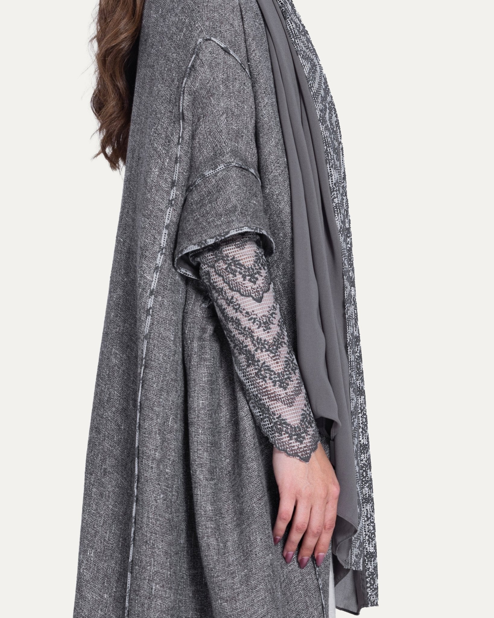 780032-GR - Gray Linen Abaya - PEARL COLLECTION - MIRA Y MANO