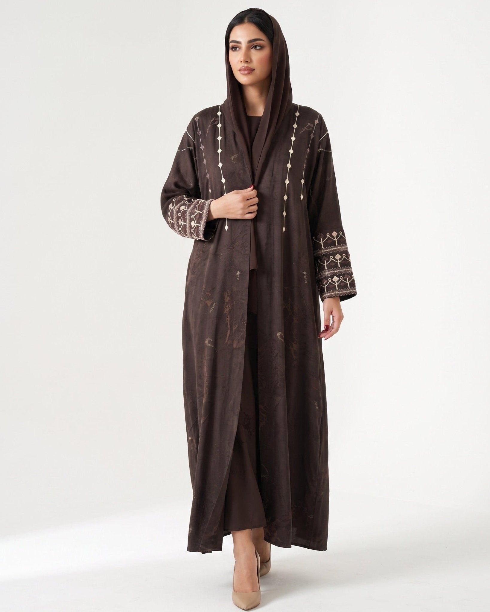 PEC 340096-BR - Brown Washed Silk Abaya - PEARL COLLECTION - MIRA Y MANO