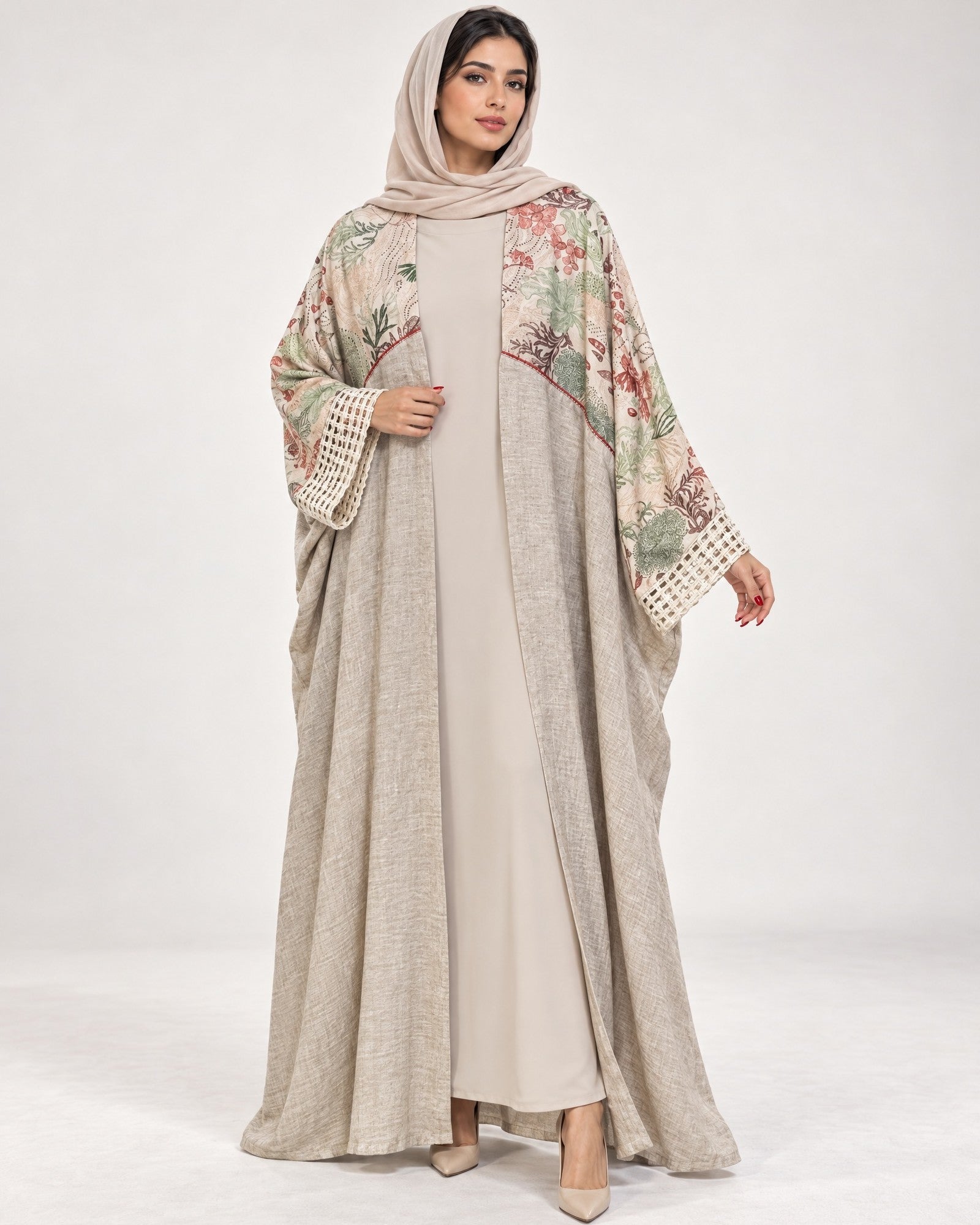 PEC 340120-A - Beige Linen Abaya - PEARL COLLECTION - MIRA Y MANO