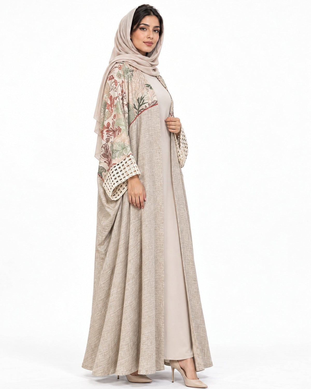 PEC 340120-A - Beige Linen Abaya - PEARL COLLECTION - MIRA Y MANO