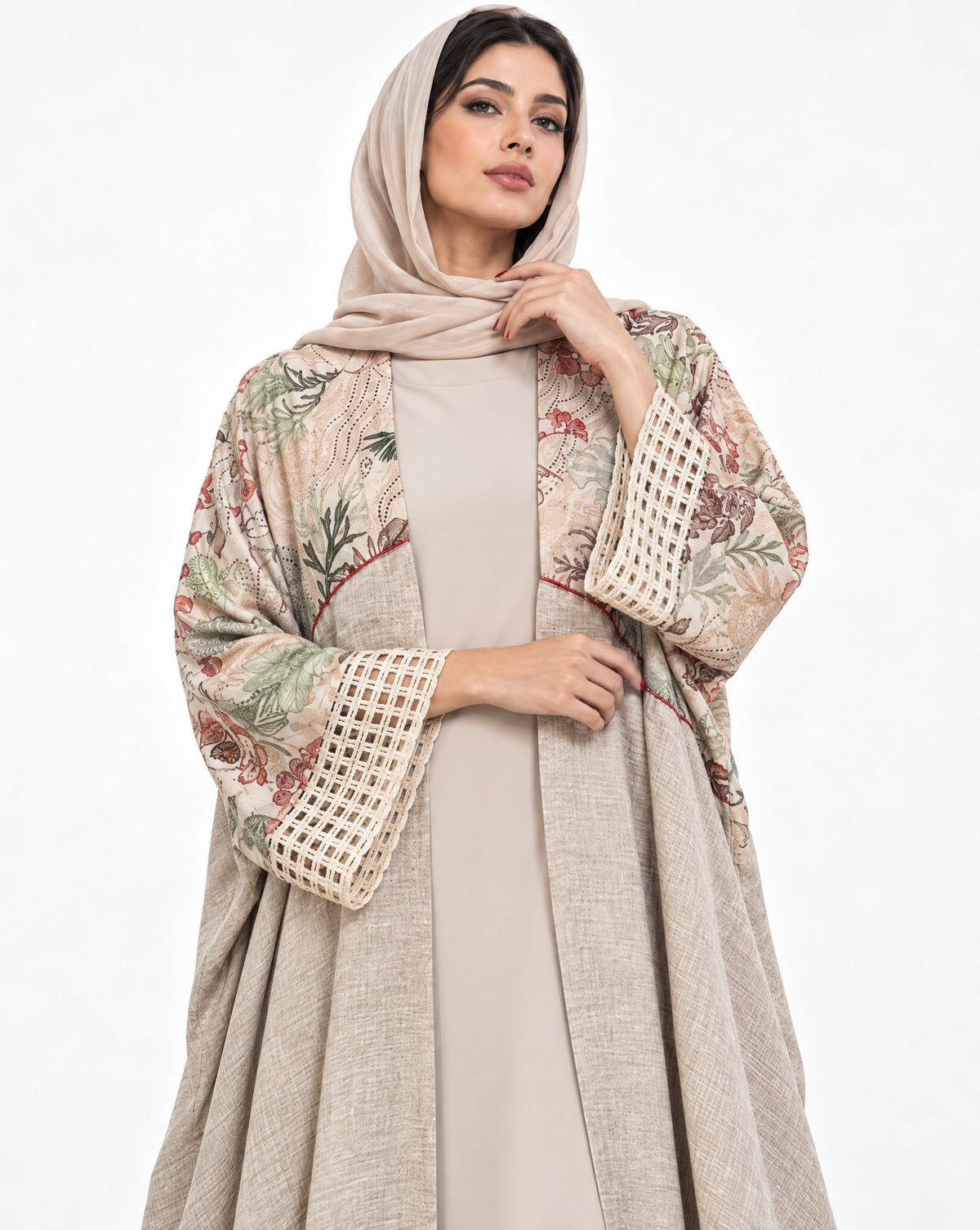 PEC 340120-A - Beige Linen Abaya - PEARL COLLECTION - MIRA Y MANO