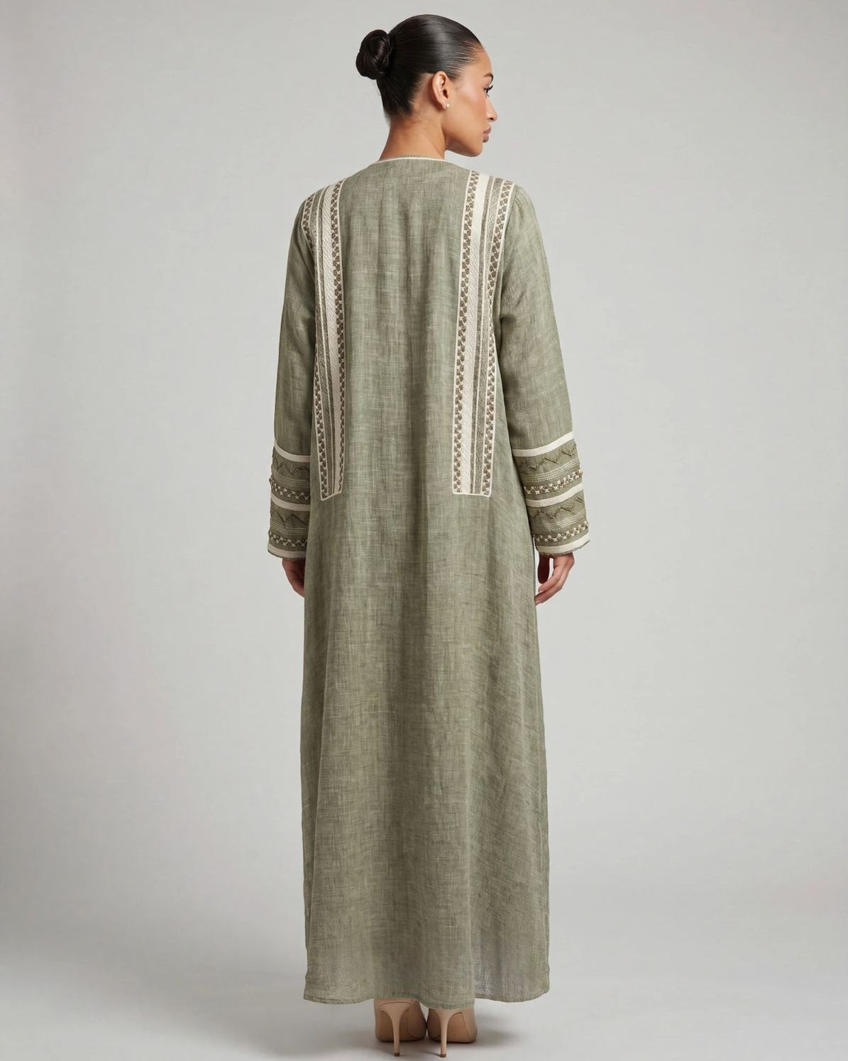PEC 340126 - Olive Linen Abaya - PEARL COLLECTION - MIRA Y MANO