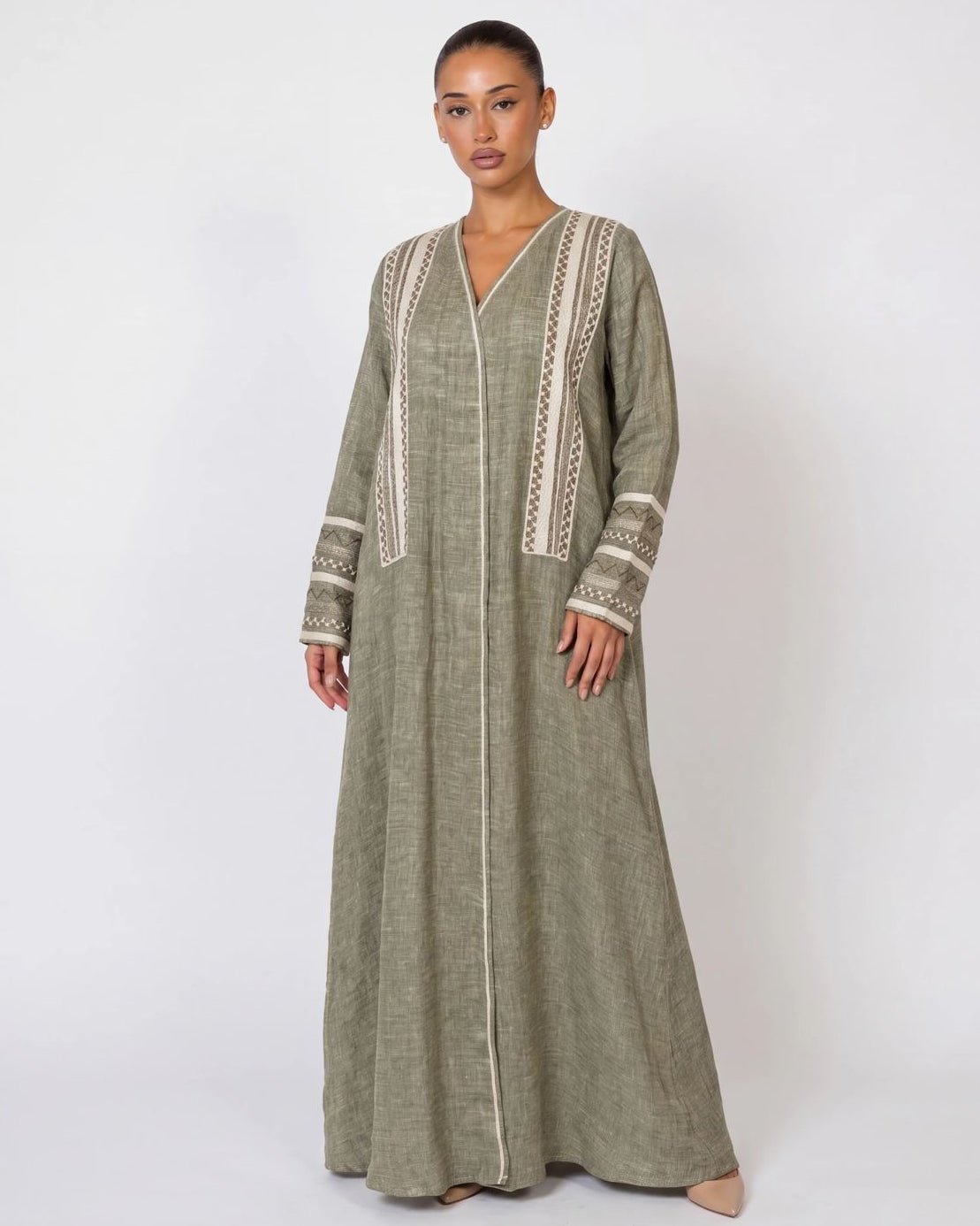 PEC 340126 - Olive Linen Abaya - PEARL COLLECTION - MIRA Y MANO