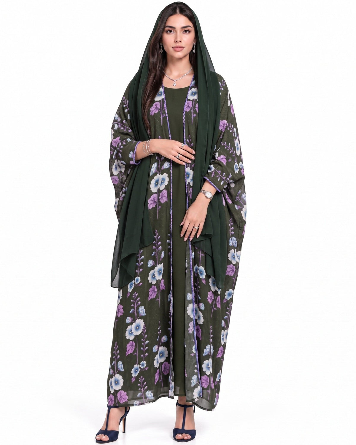 QTR QM07 - Dark Green Chiffon Abaya - QATARIA ABAYA - MIRA Y MANO