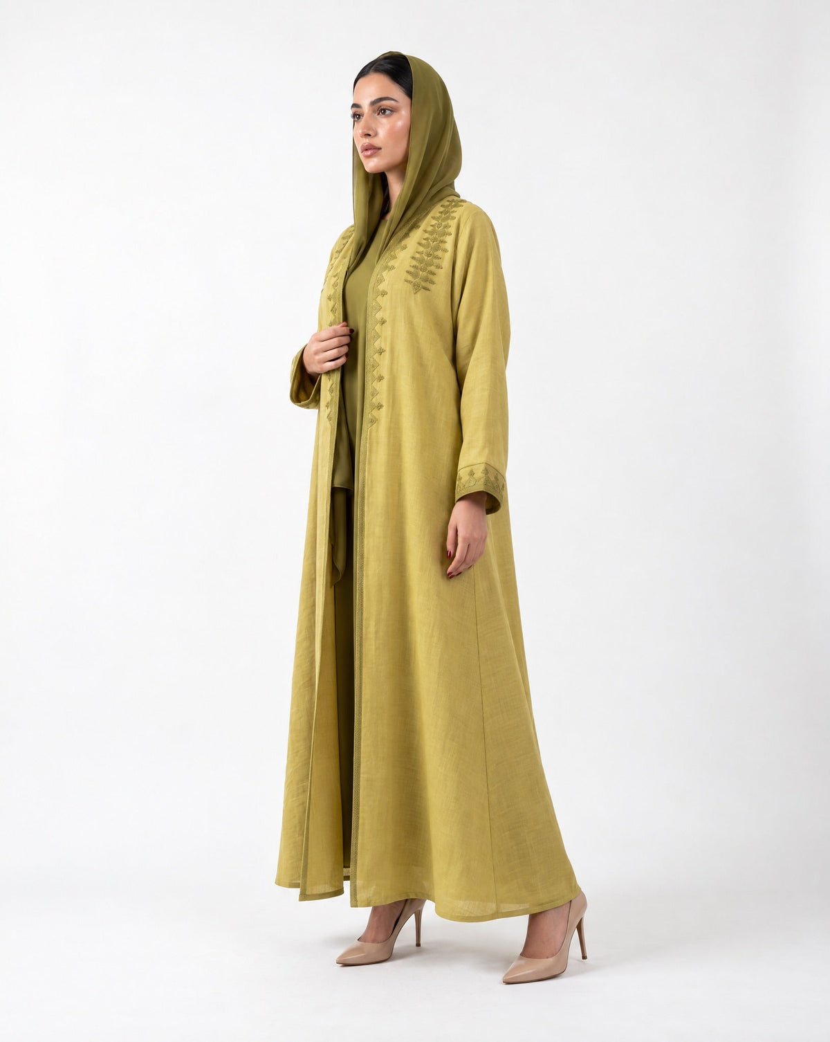 QA-114 – Olive Linen Abaya - QUARTIZ - MIRA Y MANO