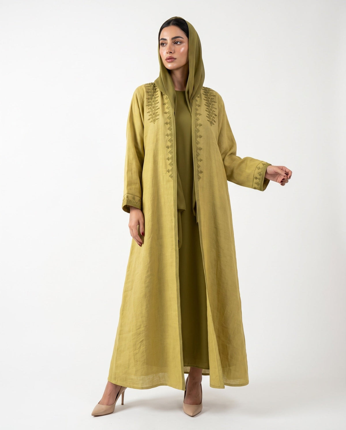 QA-114 – Olive Linen Abaya - QUARTIZ - MIRA Y MANO