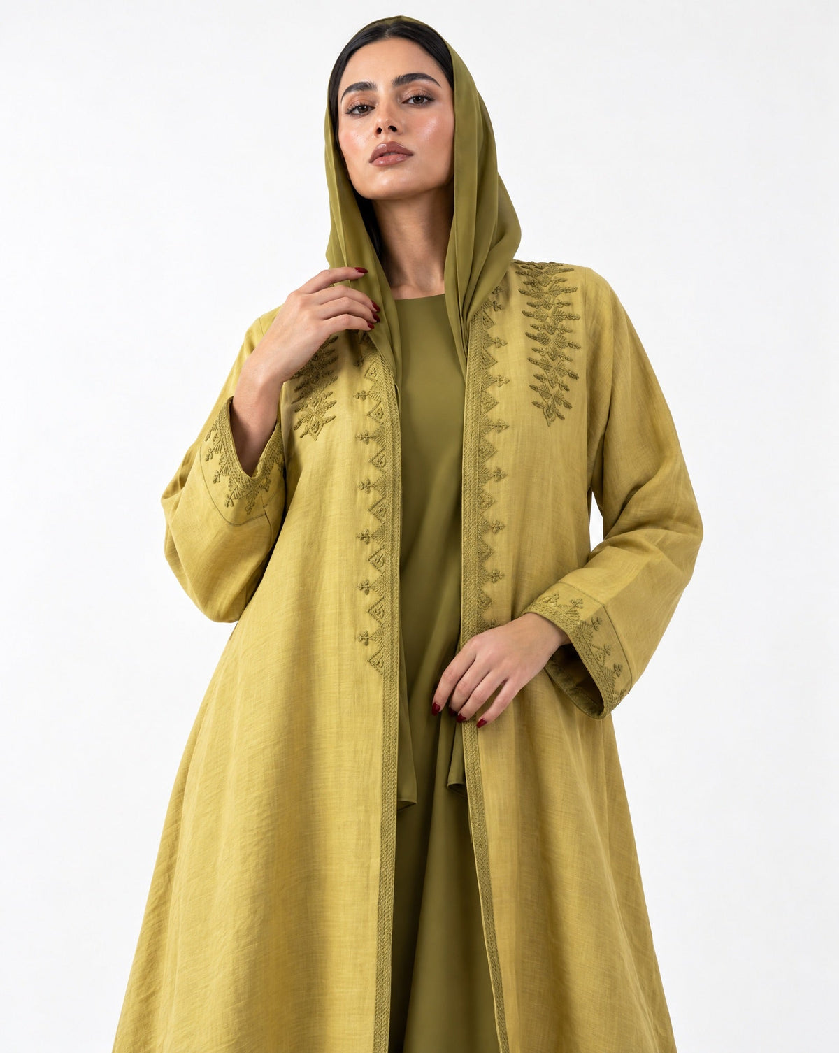 QA-114 – Olive Linen Abaya - QUARTIZ - MIRA Y MANO