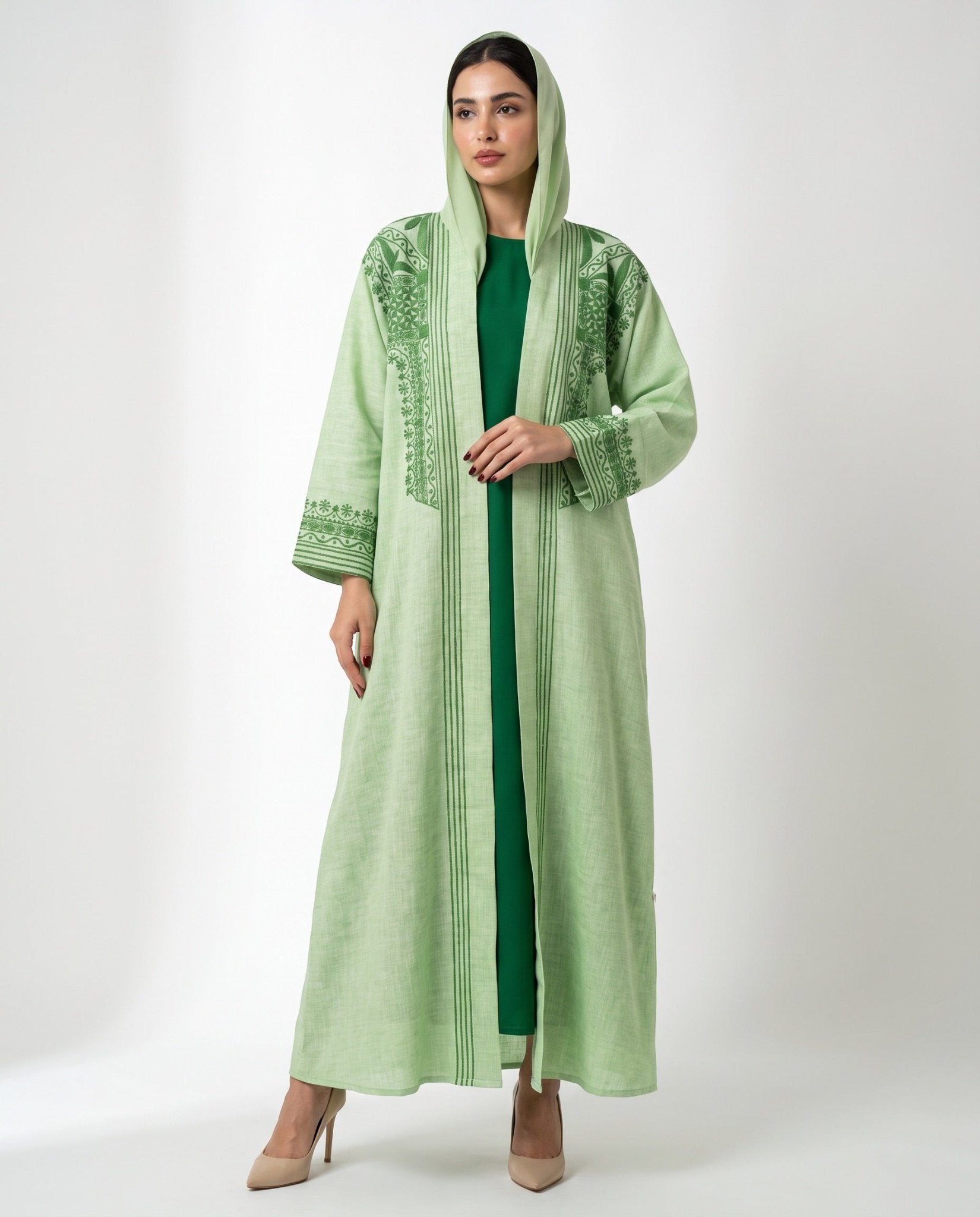 QA-117 – Light Green Linen Abaya - QUARTIZ - MIRA Y MANO