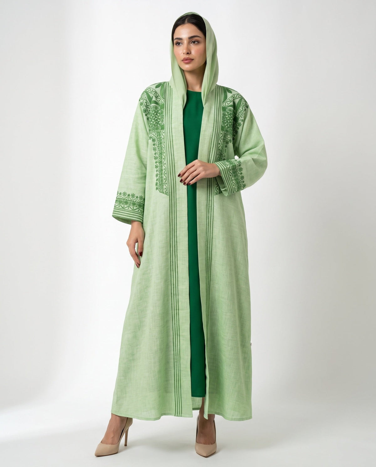 QA-117 – Light Green Linen Abaya - QUARTIZ - MIRA Y MANO