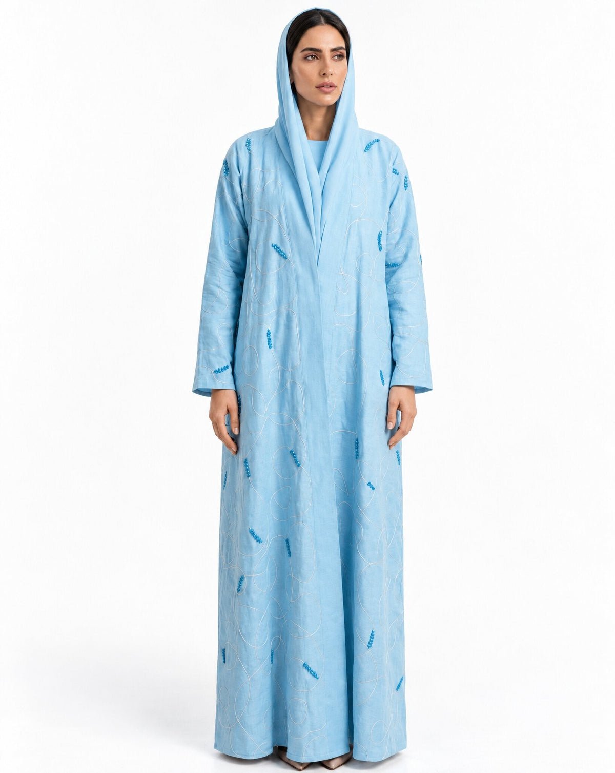 QM-0056A – Sky Blue Linen Abaya - MIRA Y MANO