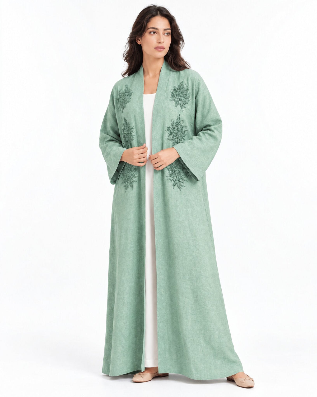 QM-0058 – Light Green Linen Abaya - MIRA Y MANO
