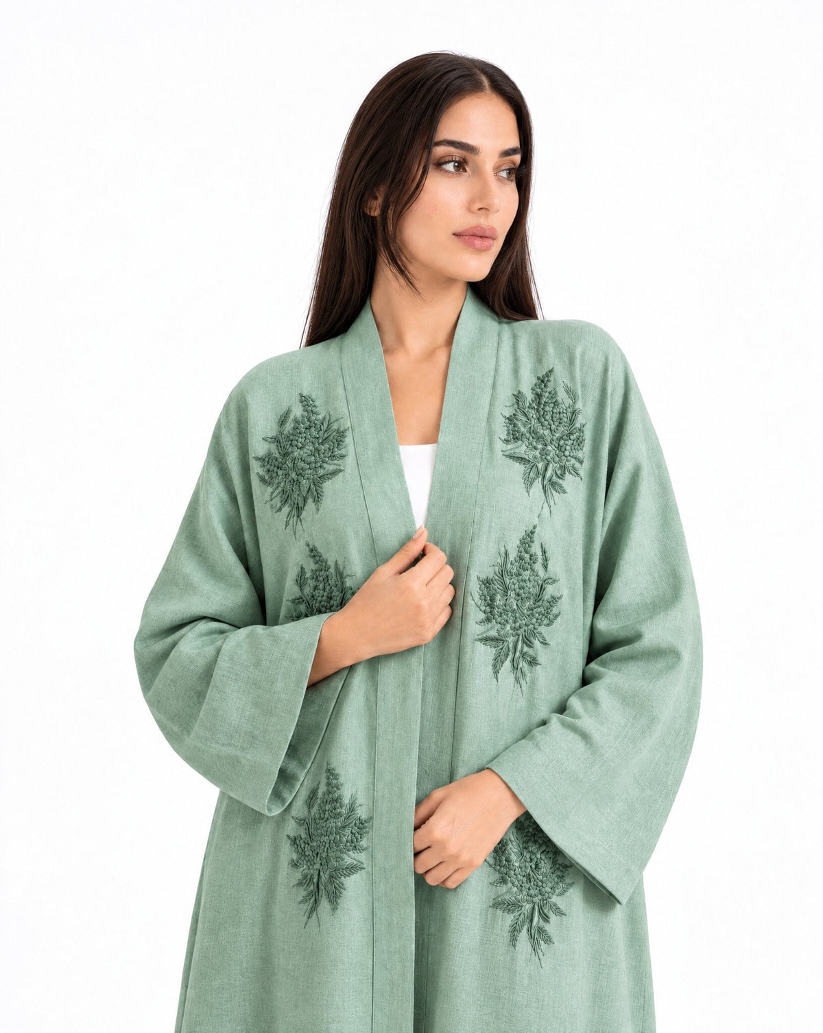QM-0058 – Light Green Linen Abaya - MIRA Y MANO