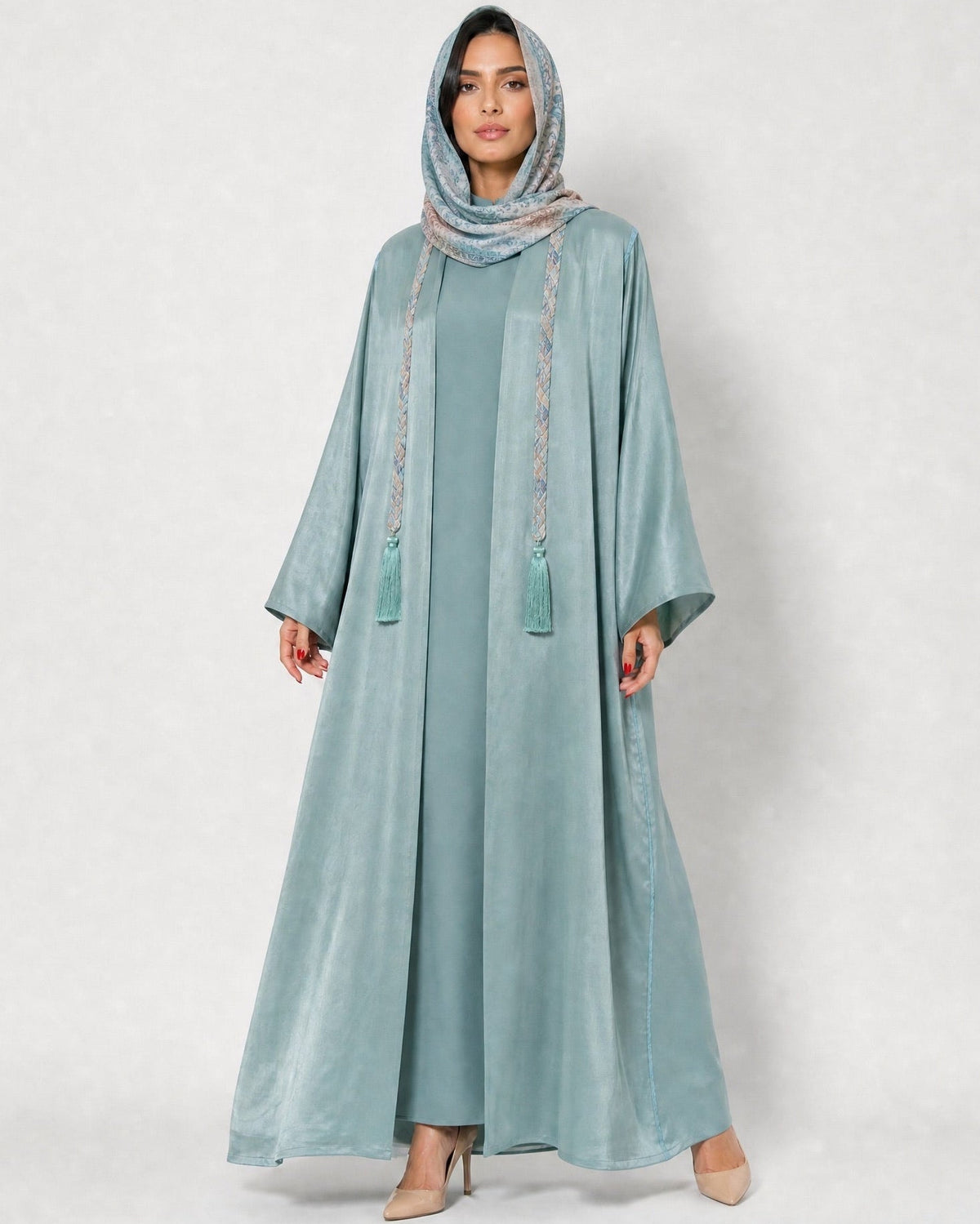 MALAK-PS – Cadet Blue Washed Silk Abaya - RIBBON - MIRA Y MANO