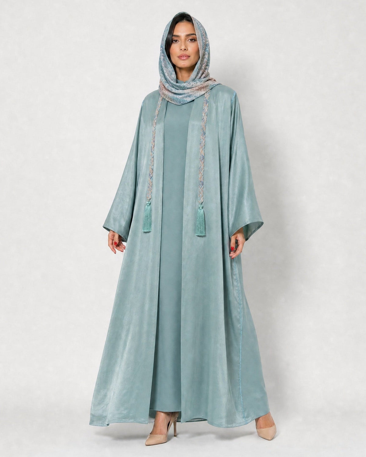 MALAK-PS – Cadet Blue Washed Silk Abaya - RIBBON - MIRA Y MANO