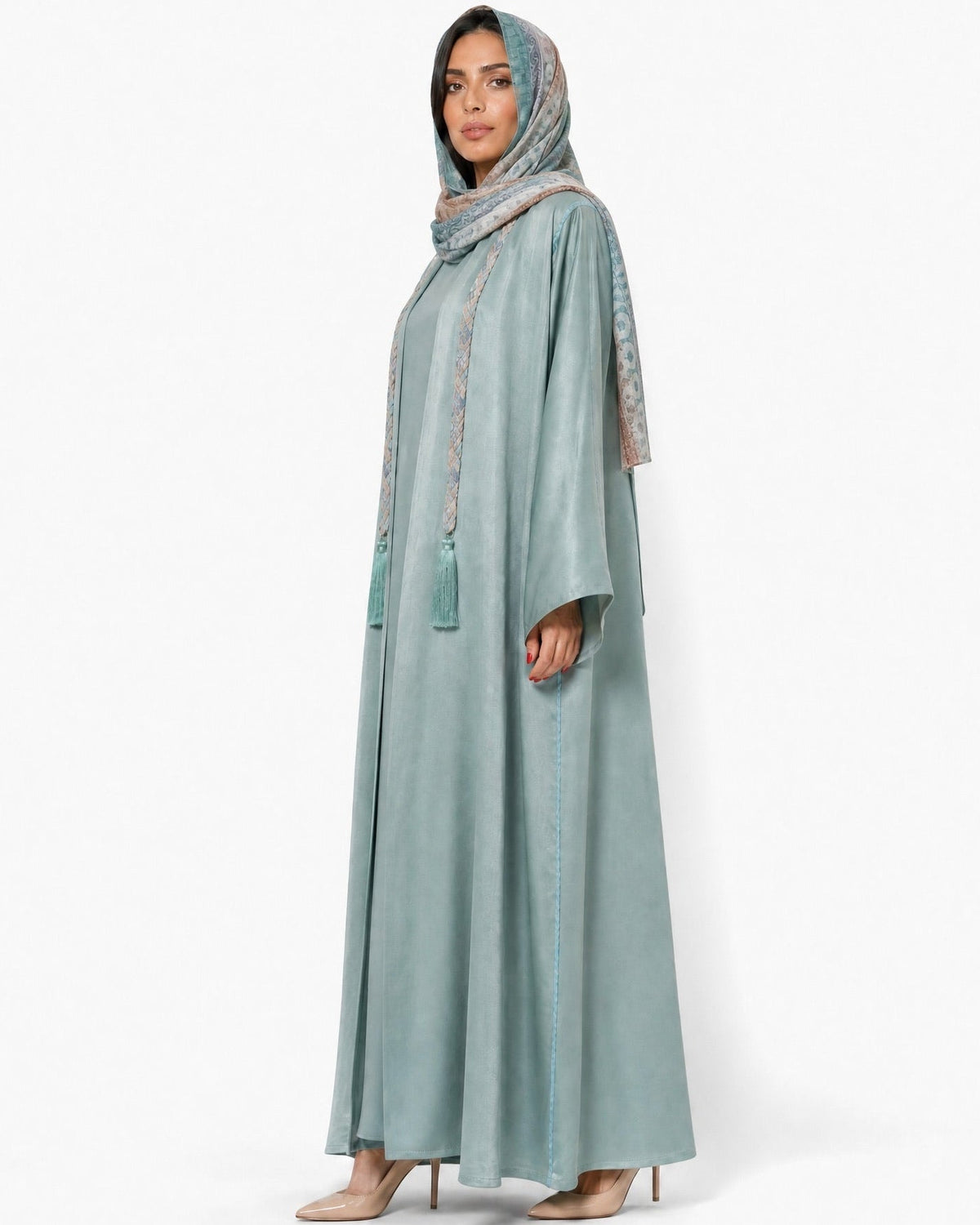 MALAK-PS – Cadet Blue Washed Silk Abaya - RIBBON - MIRA Y MANO