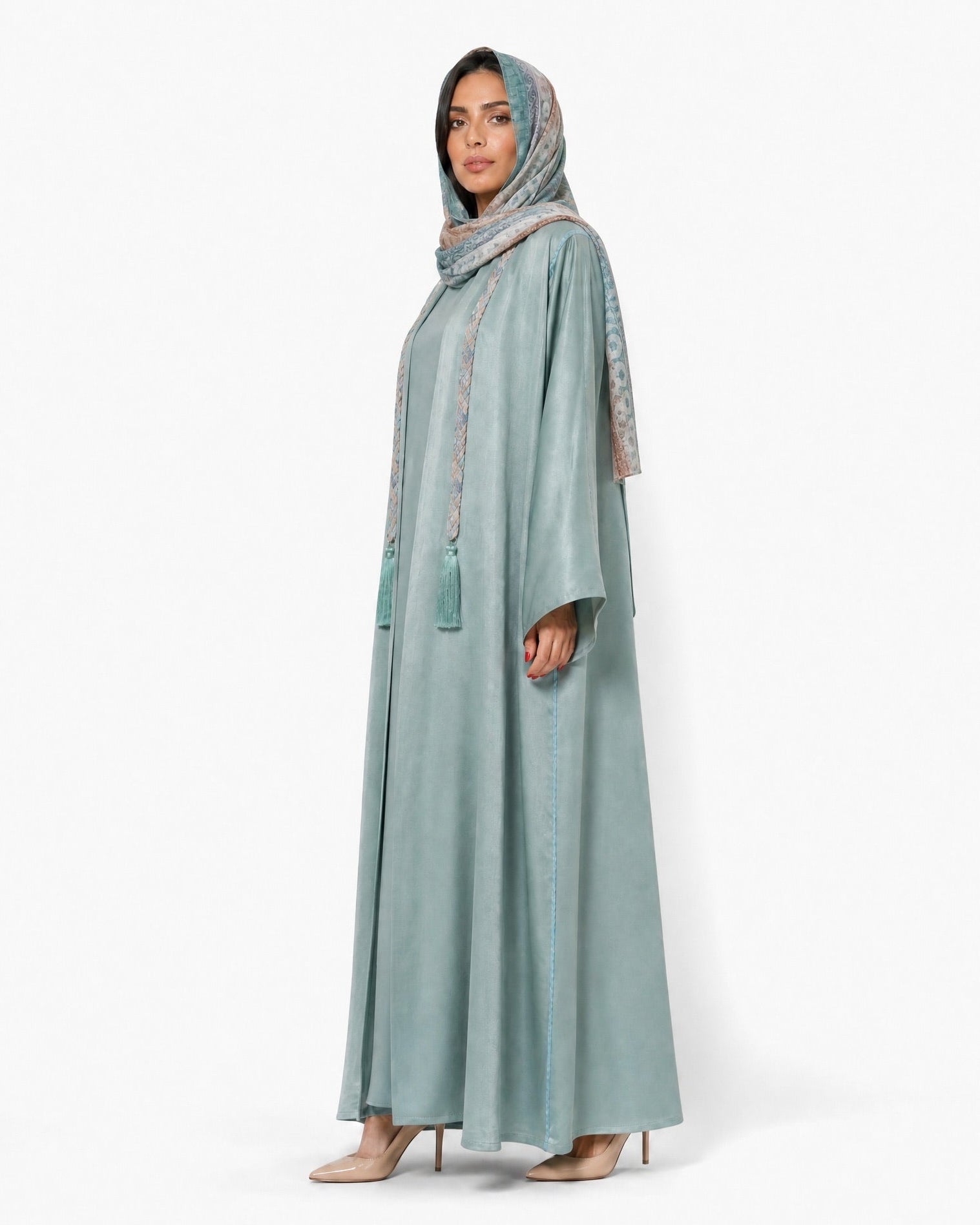 MALAK-PS – Cadet Blue Washed Silk Abaya - RIBBON - MIRA Y MANO