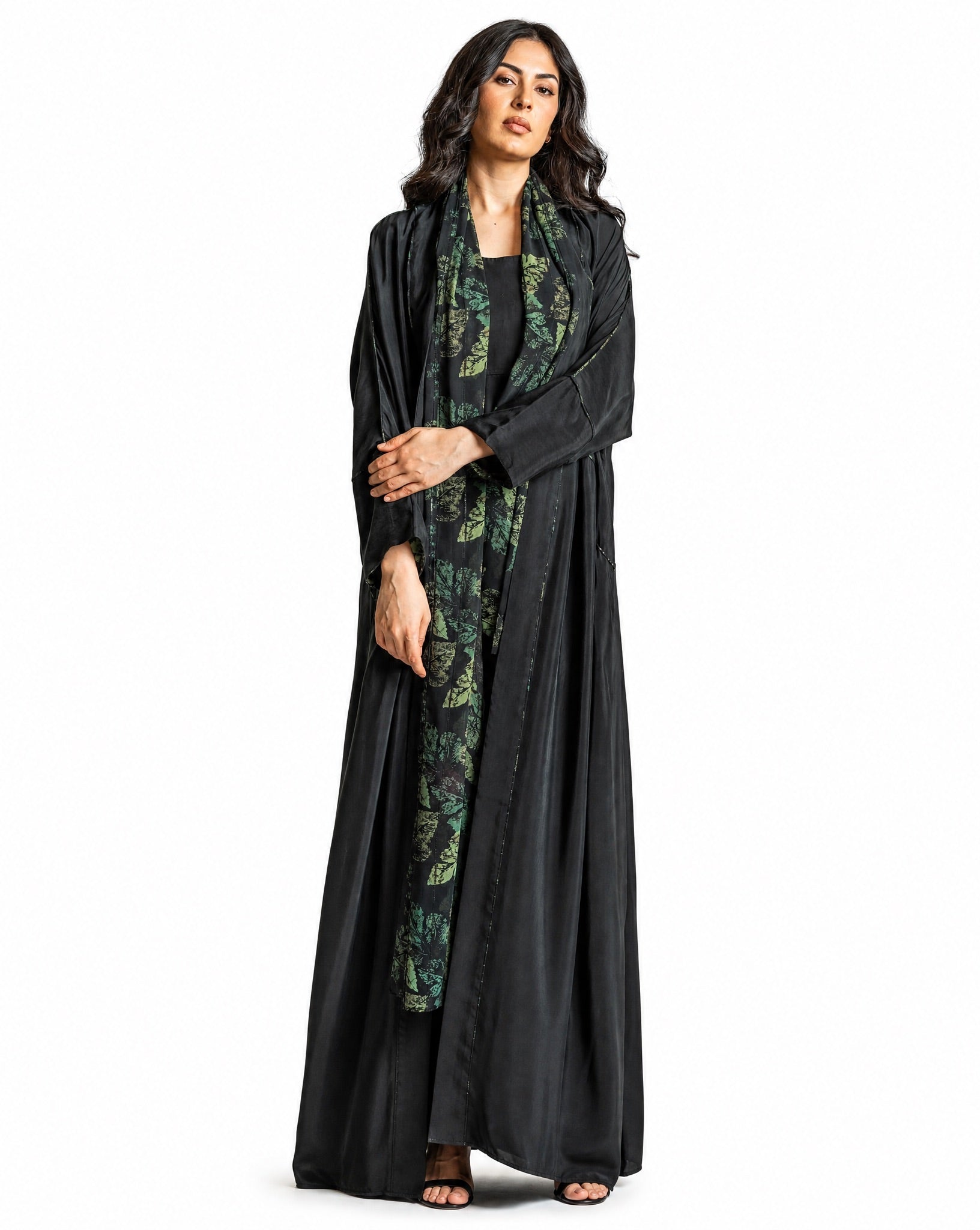 SS25R011-BG – Black Washed Silk Abaya - RIBBON - MIRA Y MANO