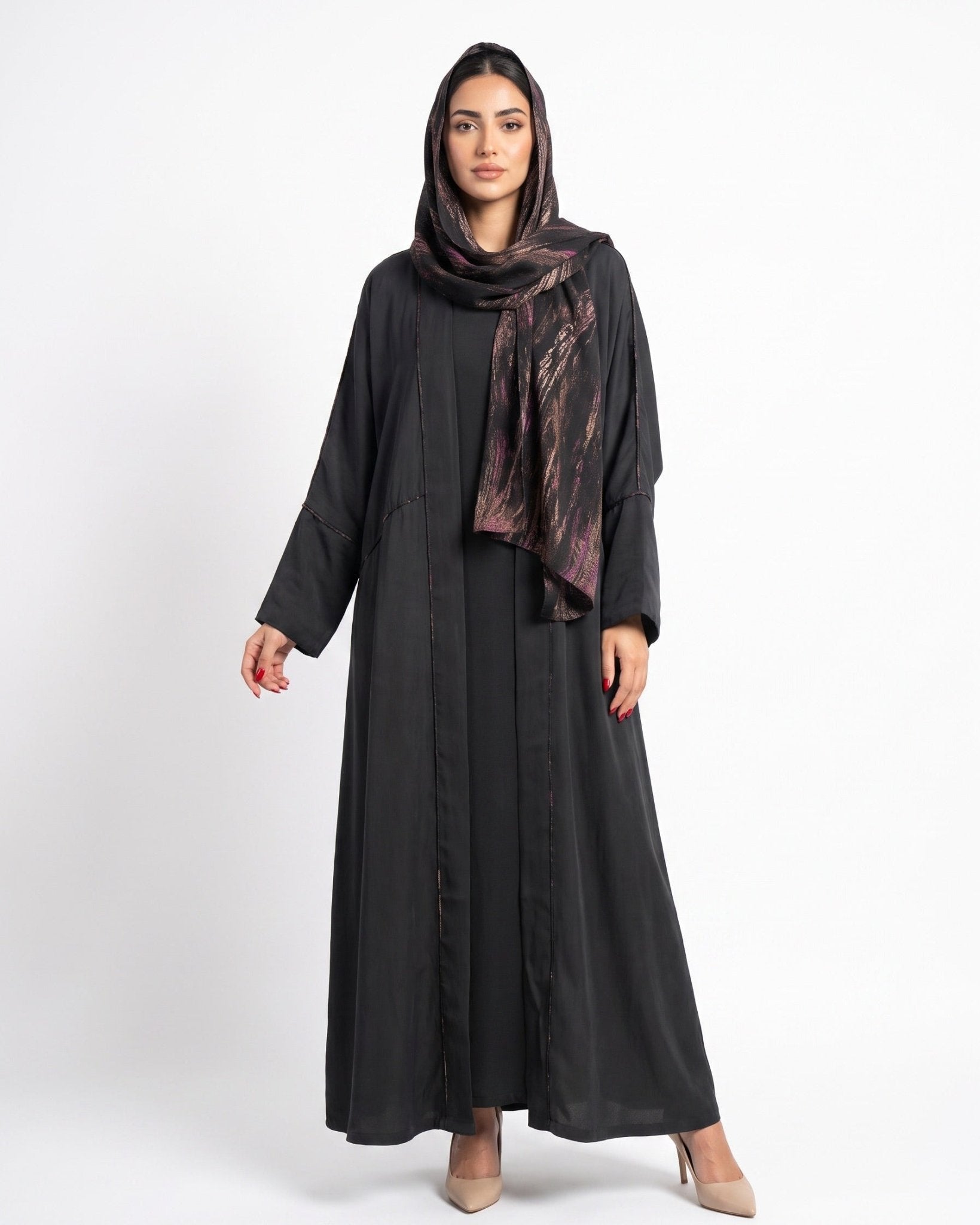 SUHAD - Black Silk Abaya - RIBBON - MIRA Y MANO