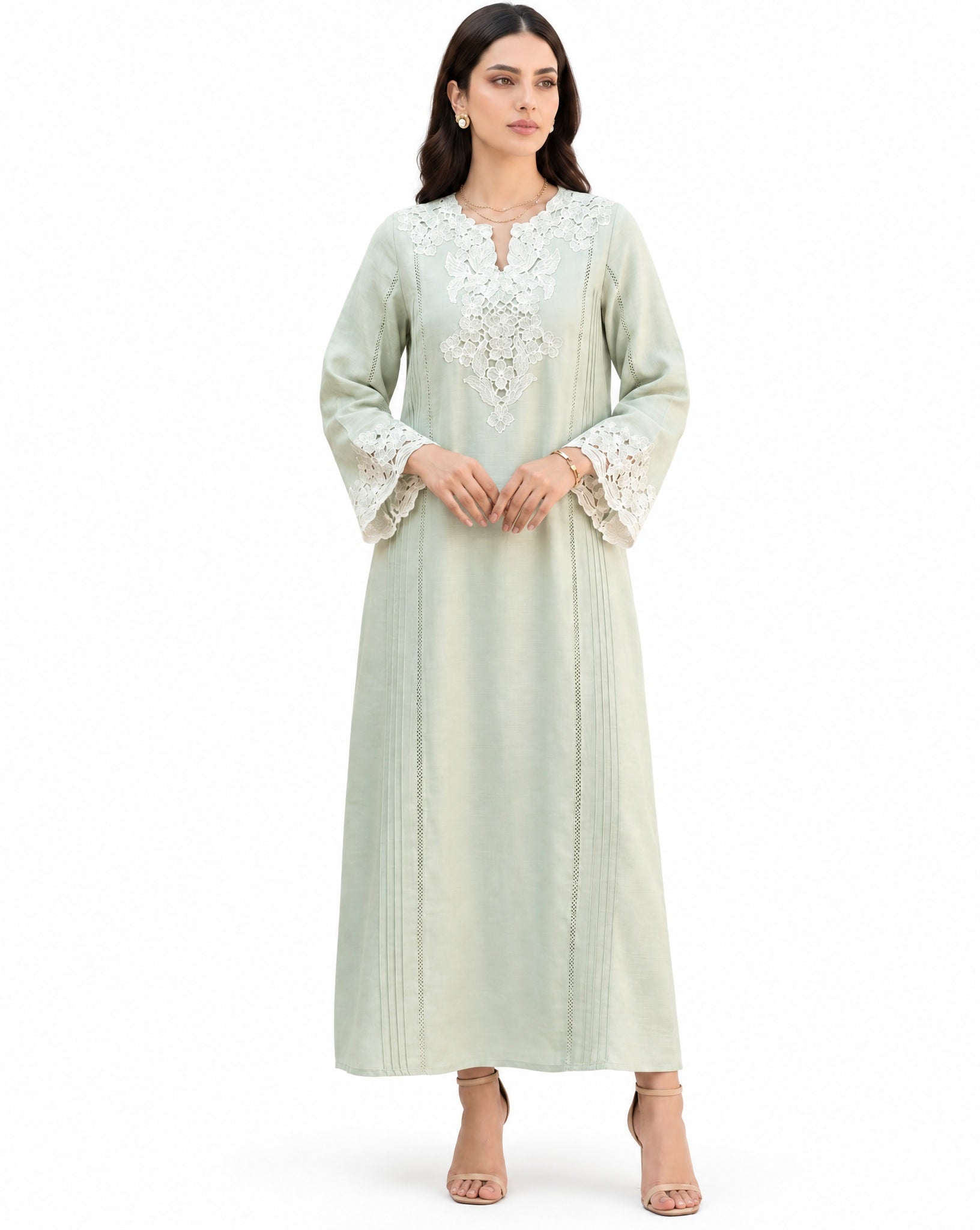 PD25RG239-LG – Light Green Cotton Mix Kaftan - SANIA MASKATIYA - MIRA Y MANO