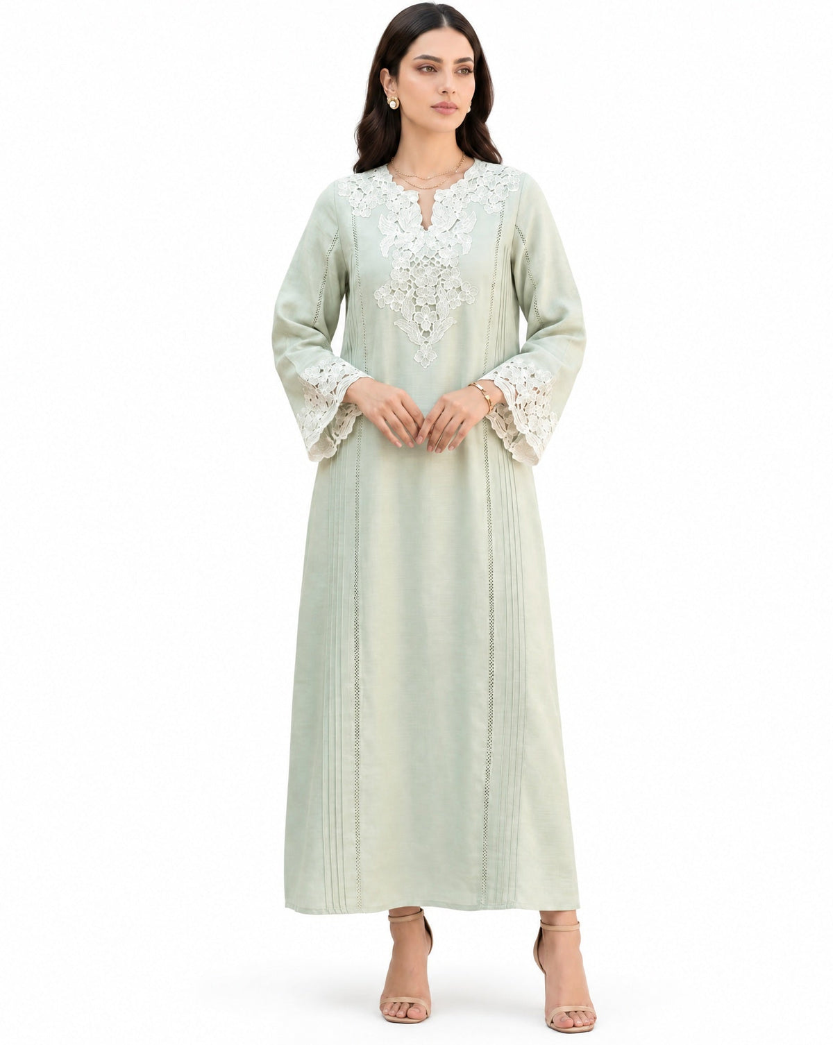 PD25RG239-LG – Light Green Cotton Mix Kaftan - SANIA MASKATIYA - MIRA Y MANO