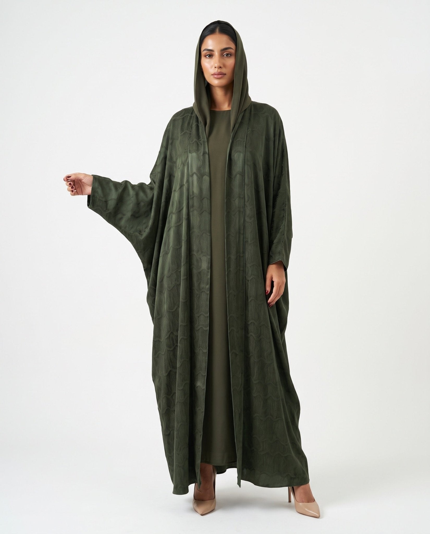 SISOATS1-OL – Dark Olive Green Washed Silk Abaya - SARA INTABI - MIRA Y MANO