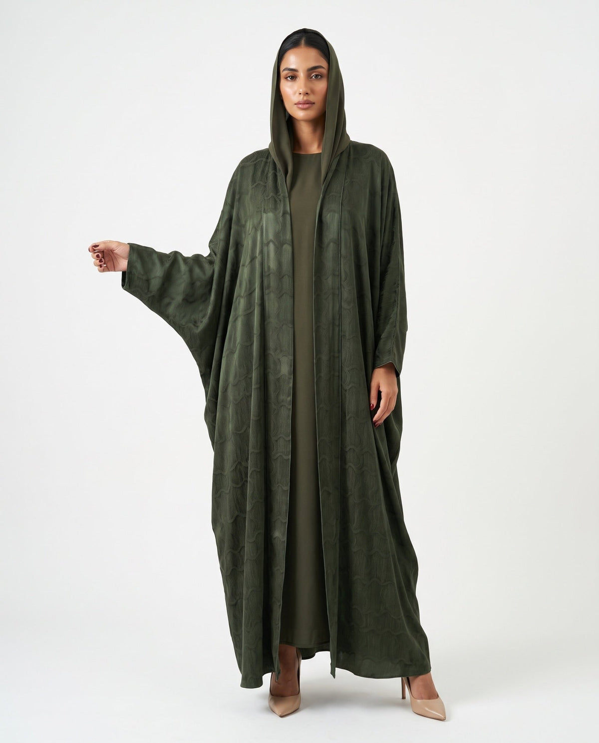 SISOATS1-OL – Dark Olive Green Washed Silk Abaya - SARA INTABI - MIRA Y MANO