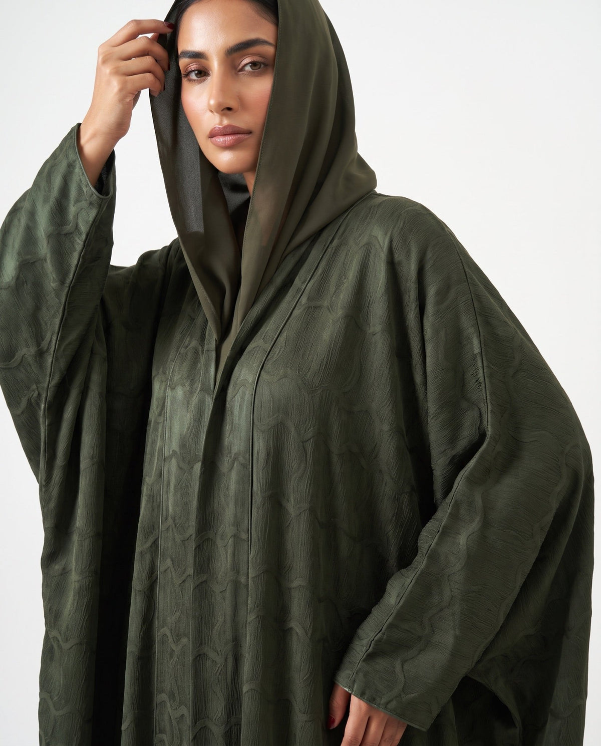 SISOATS1-OL – Dark Olive Green Washed Silk Abaya - SARA INTABI - MIRA Y MANO