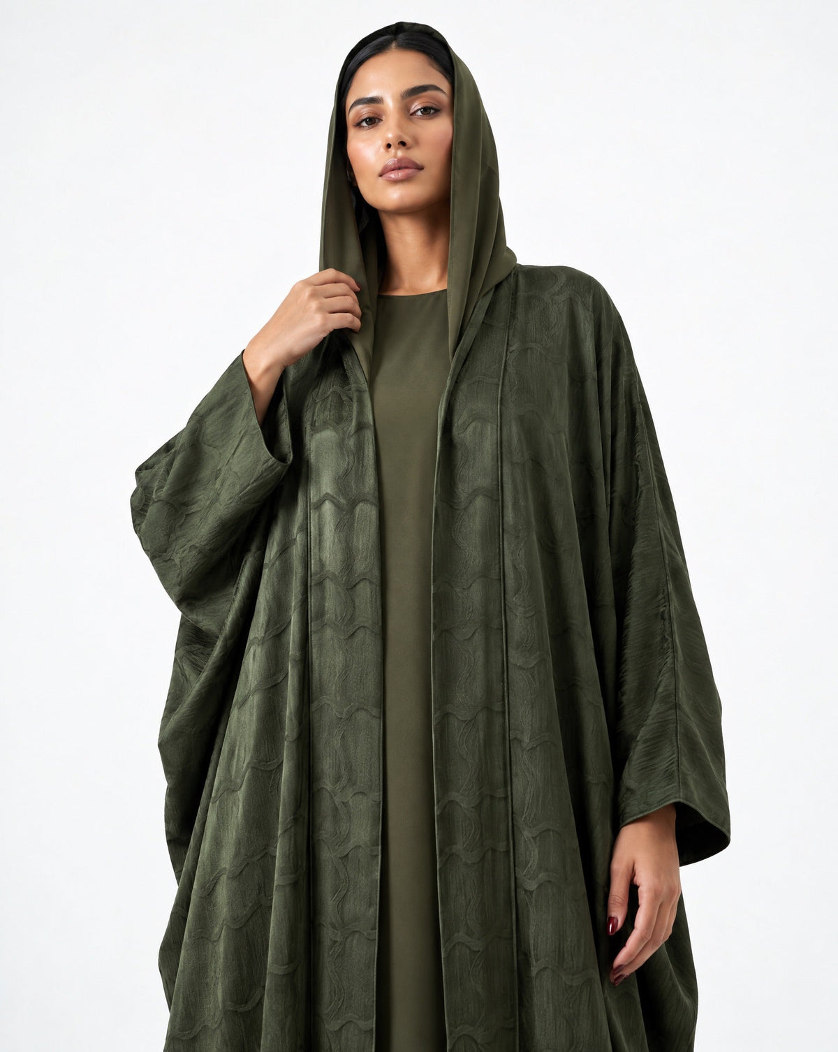 SISOATS1-OL – Dark Olive Green Washed Silk Abaya - SARA INTABI - MIRA Y MANO