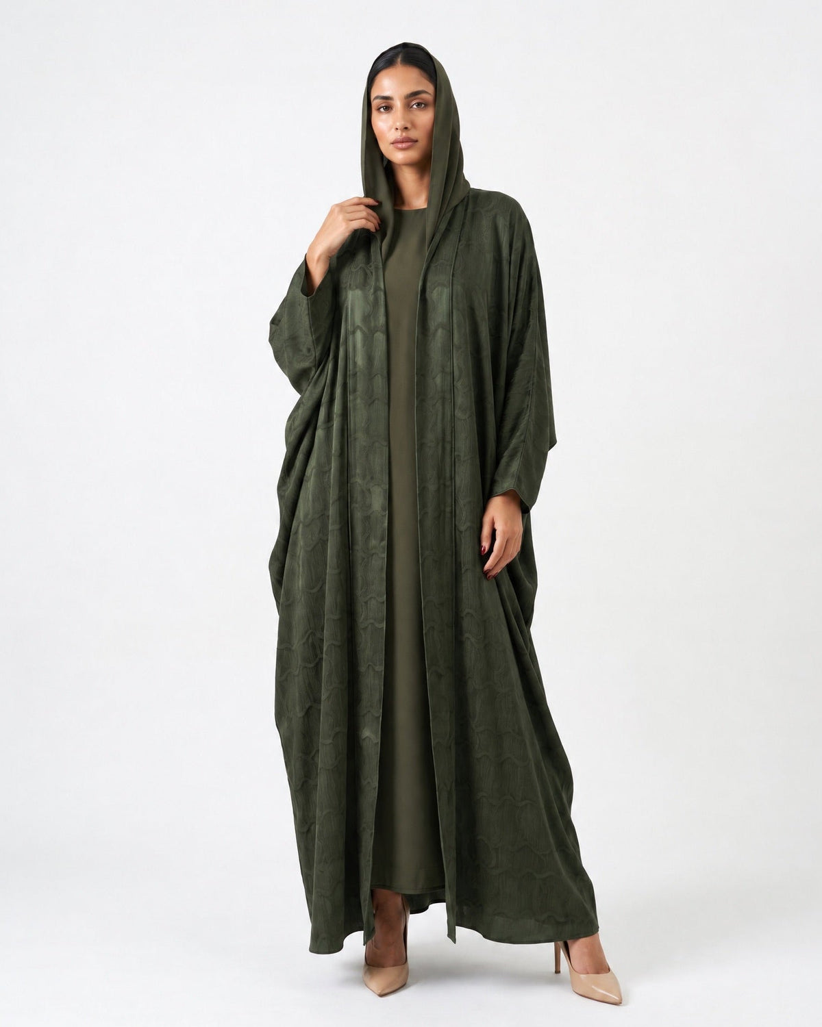 SISOATS1-OL – Dark Olive Green Washed Silk Abaya - SARA INTABI - MIRA Y MANO