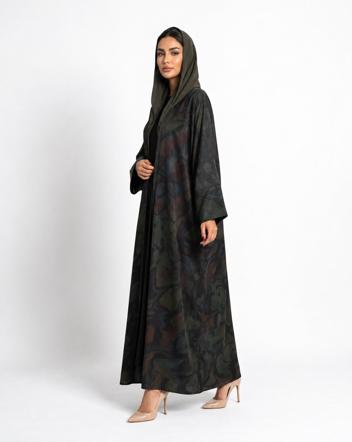 SISOAWS2 – Dark Olive Green Washed Silk Abaya - SARA INTABI - MIRA Y MANO