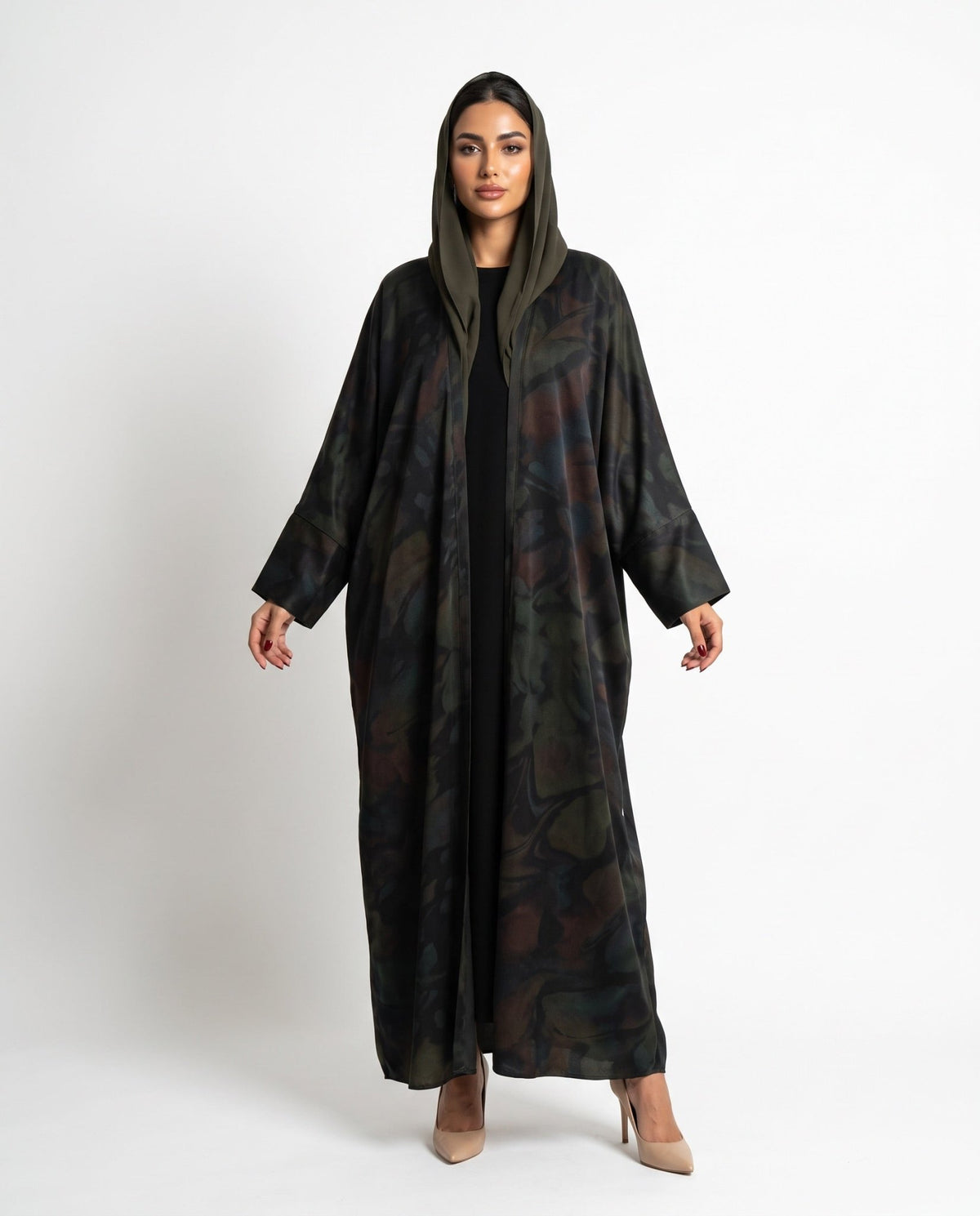 SISOAWS2 – Dark Olive Green Washed Silk Abaya - SARA INTABI - MIRA Y MANO