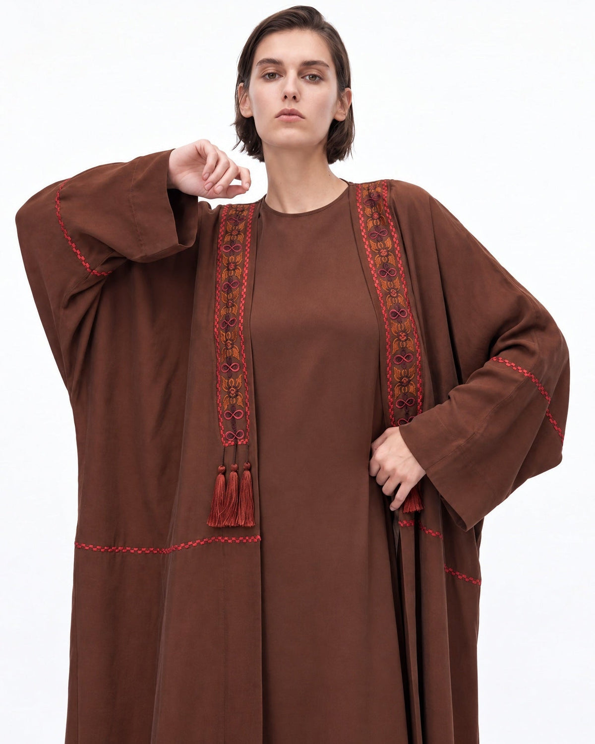 BK – Brown Silk Abaya - SASH - MIRA Y MANO